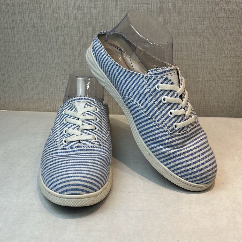 NEW Spenco White Blue Stripe Canvas Slip On Tennis Shoes Womens Sz 8 Orthotic Sn